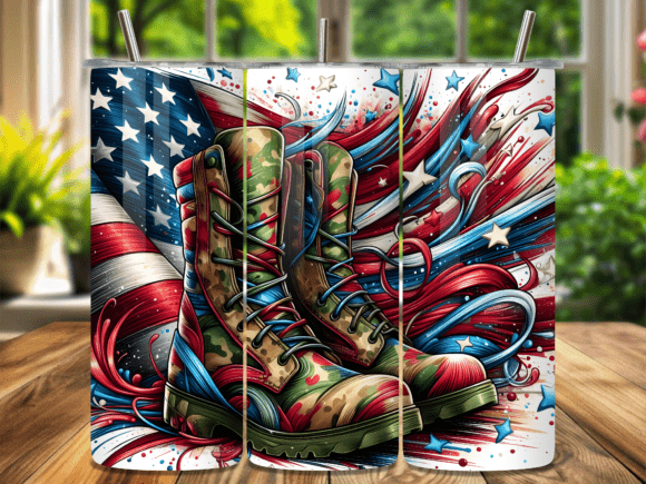 Camo Combat Boots USA Flag Tumbler Wrap: A Bold Graphic Design Asset for Modern Marketing