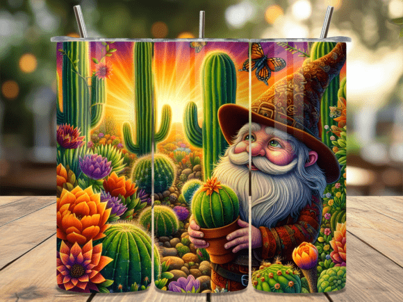 Desert Cactus Garden Gnome Tumbler Wrap: A Unique Editorial Design Asset