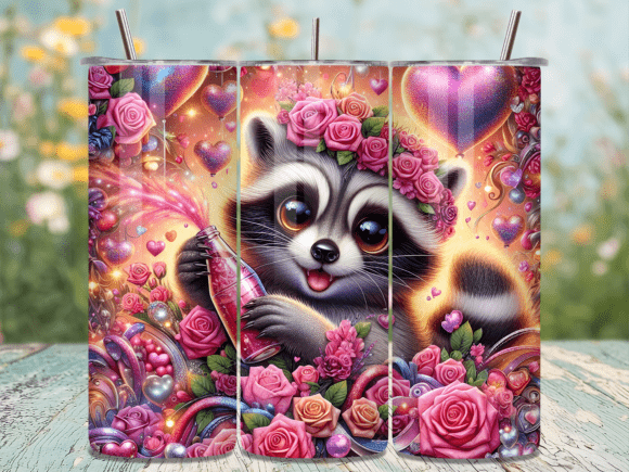 Floral Raccoon Sparkle Valentine Tumbler Wraps: A Playful Editorial Design Asset