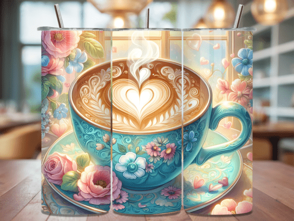 Floral Teal Tea Cup Heart Tumbler Wraps: A Versatile Design Asset for Content Creators