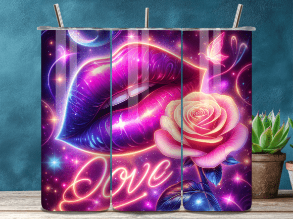 Neon Galaxy Lips Rose Valentine Tumbler Wrap for Editorial Use