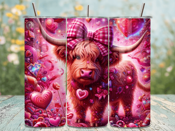 Pink Bow Highland Cow Valentine Tumbler: A Charming Graphic Design Asset for Bloggers and Publishers