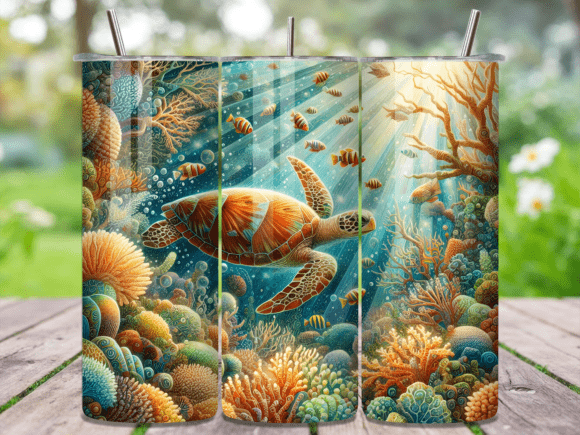 Realistic Coral Reef Turtle Tumbler Wrap for Branding & Packaging Design